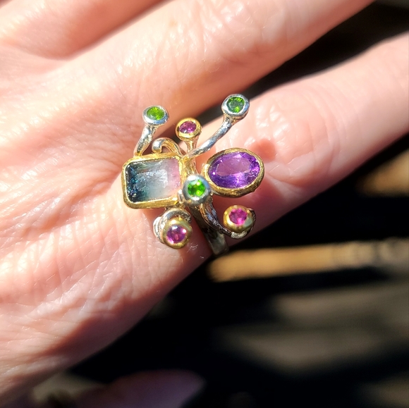 Kharma by Avelon Jewelry - Unique Ring sz7.5 Watermelon Tourmaline Amethyst Rhodolite Chrome Diopside